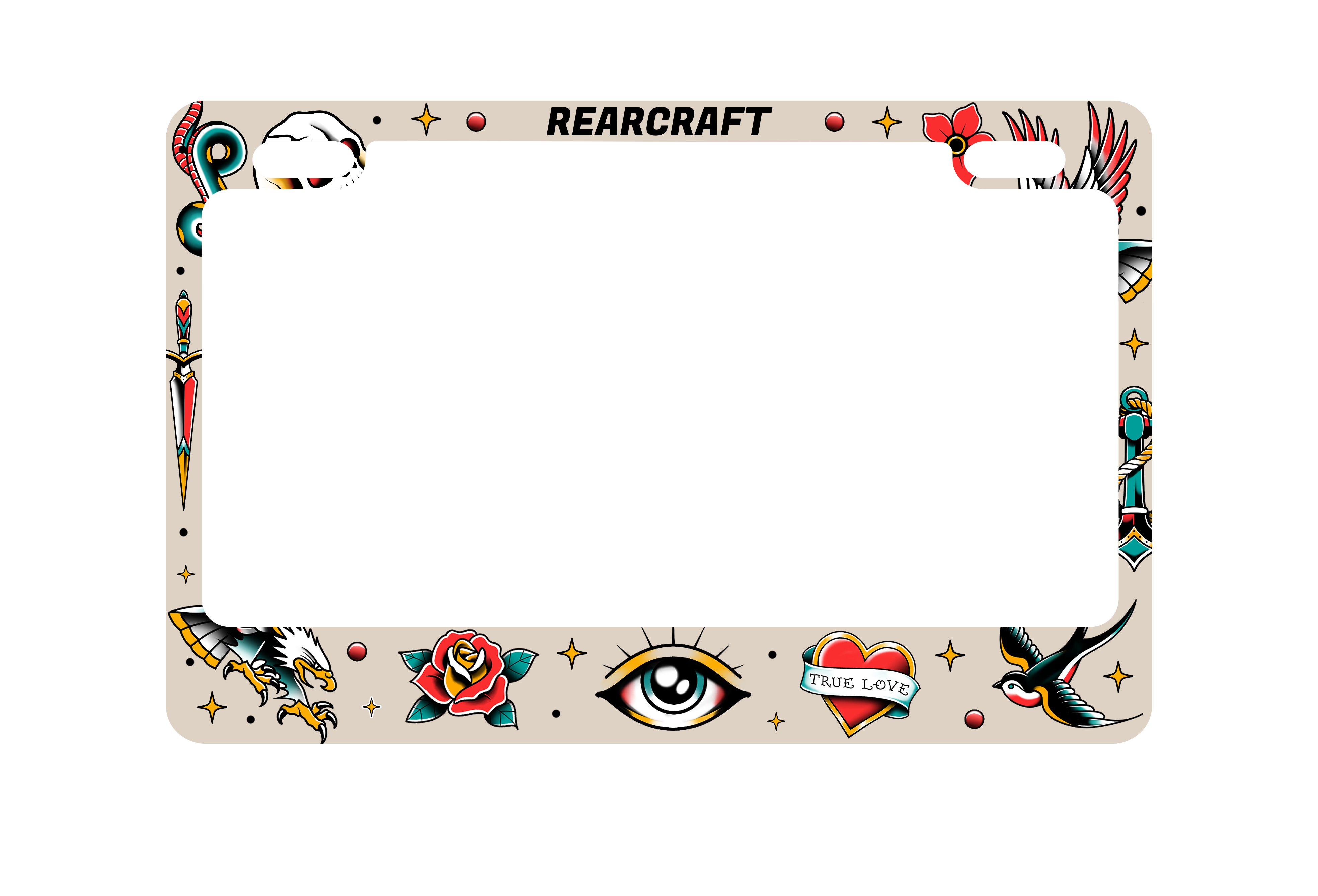RearCraft tattoo-inspired license plate frame