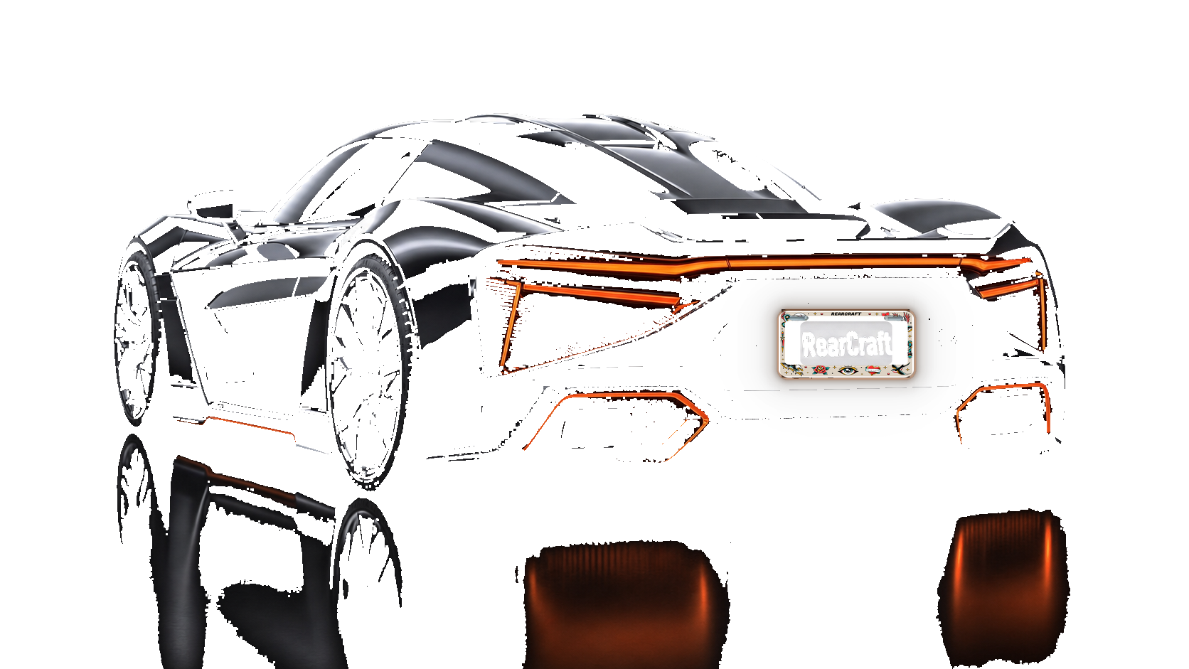 Black and orange hypercar shown from the rear with a custom framed RearCraft license plate